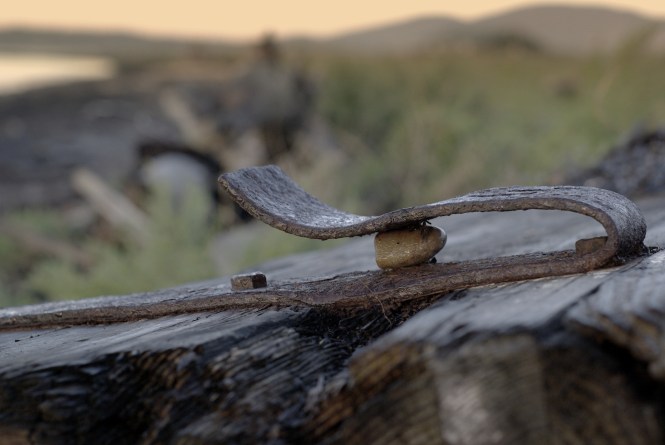 Bent iron strap trapping a pebble. Samish Island.