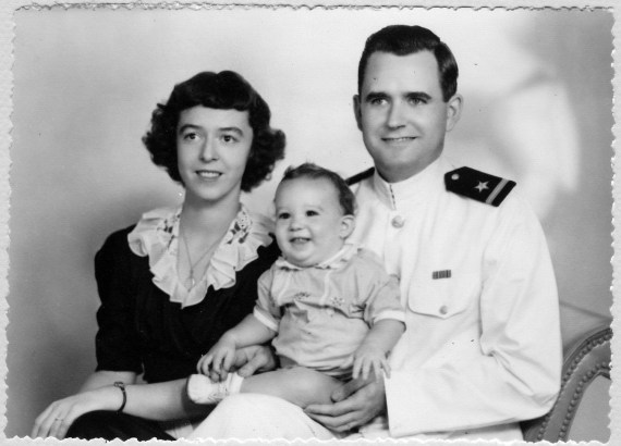 Mary, Bob, and Chang, 1944, summer or tropical Navy uniform.